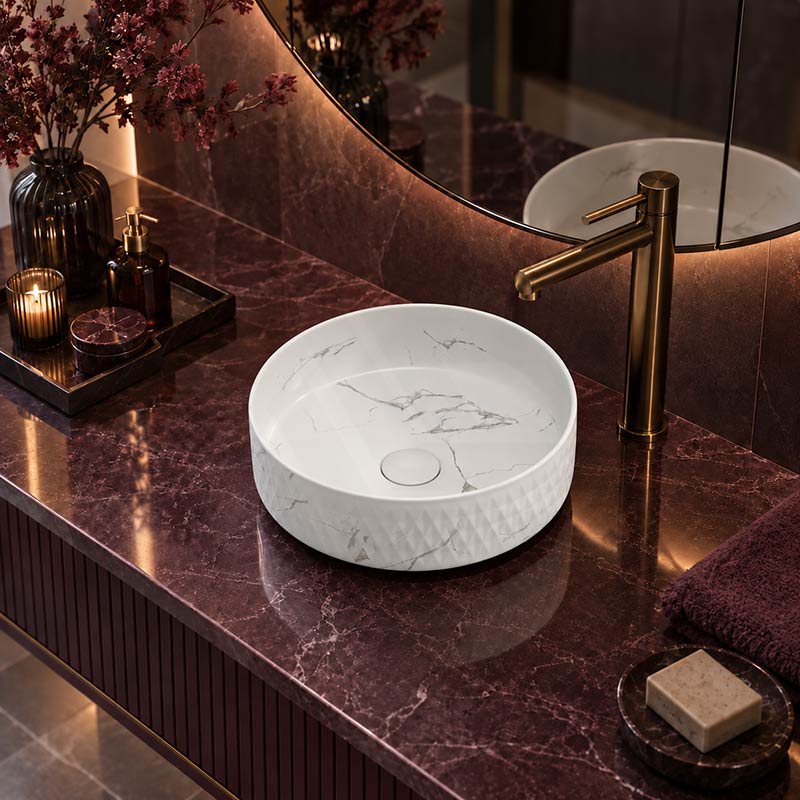 Lukka Ollia Round Fine Ceramic Above Counter Basin No Overflow 360x360x120mm - Matt Carrara Black / White