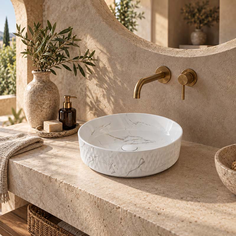 Lukka Ollia Round Fine Ceramic Above Counter Basin No Overflow 360x360x120mm - Matt Carrara Black / White
