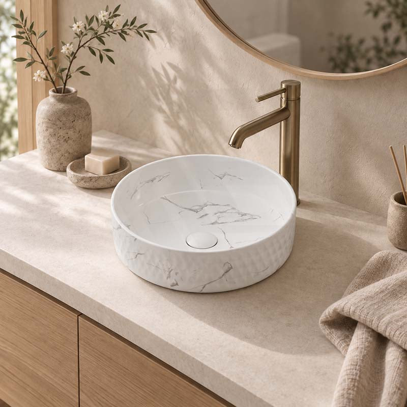 Lukka Ollia Round Fine Ceramic Above Counter Basin No Overflow 360x360x120mm - Matt Carrara Black / White