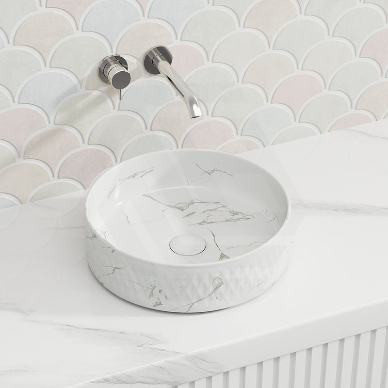Lukka Ollia 360x360x120mm Round Fine Ceramic Above Counter Basin Matt Carrara Black / White No Overflow