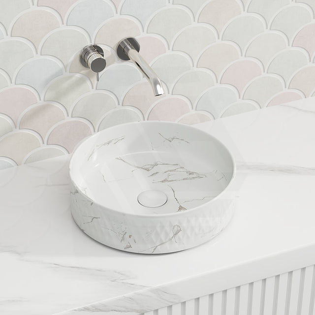 Lukka Ollia 360x360x120mm Round Fine Ceramic Above Counter Basin Matt Carrara Black / White No Overflow