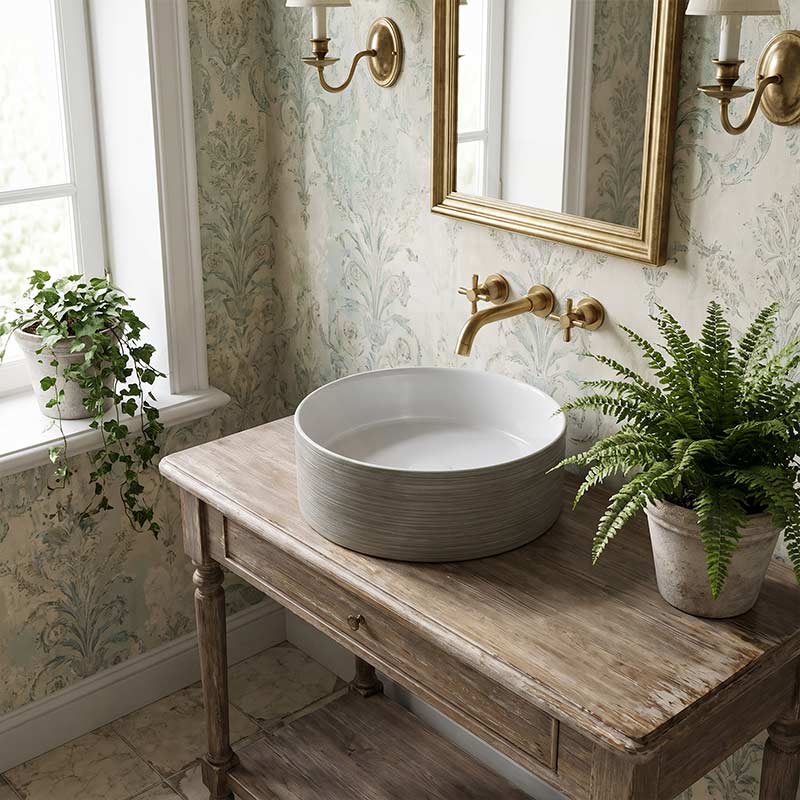 Lukka Ollia Round Fine Ceramic Above Counter Basin with Silk-Line Pattern Outside 346x346x114mm - Variant Color