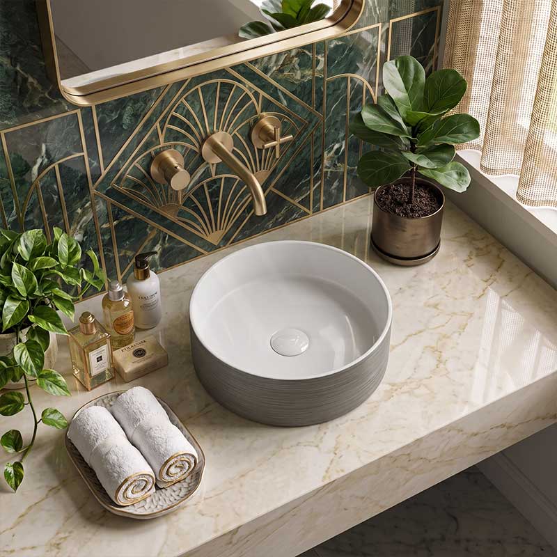Lukka Ollia Round Fine Ceramic Above Counter Basin with Silk-Line Pattern Outside 346x346x114mm - Variant Color