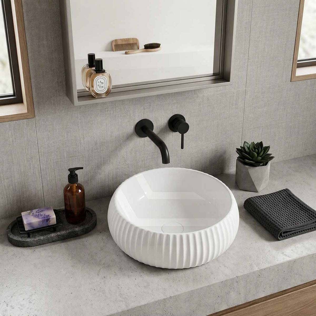Lukka Round Fluted Above Counter Basin Ceramic 400x400x140mm - In Various Colour