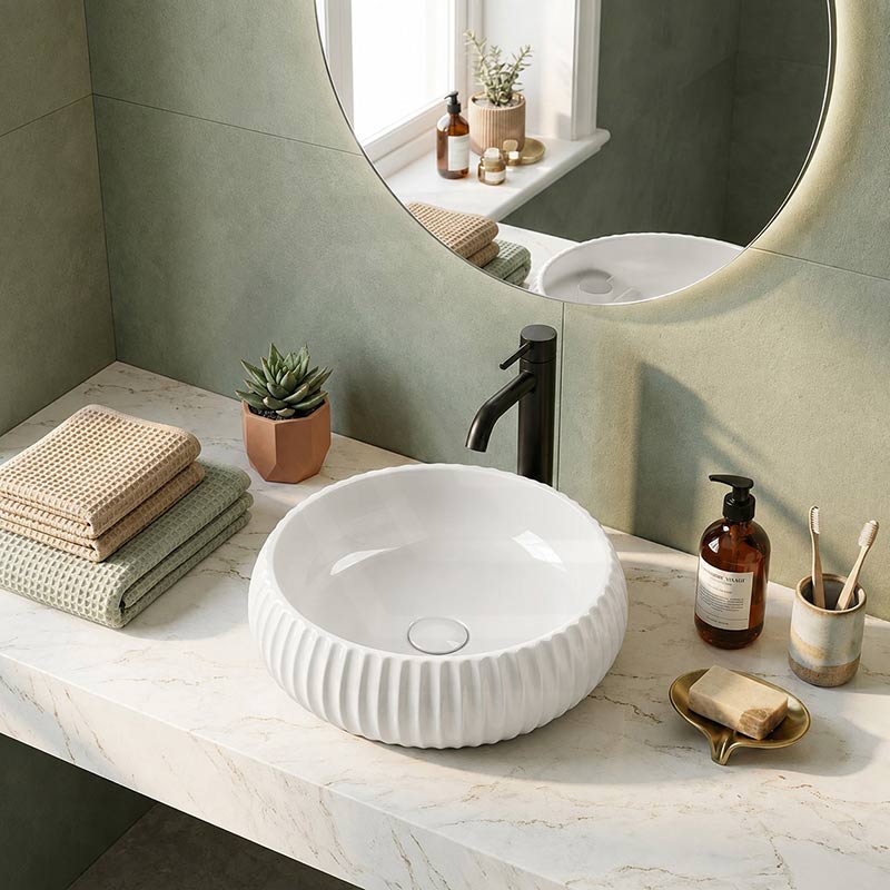 Lukka Round Fluted Above Counter Basin Ceramic 400x400x140mm - In Various Colour