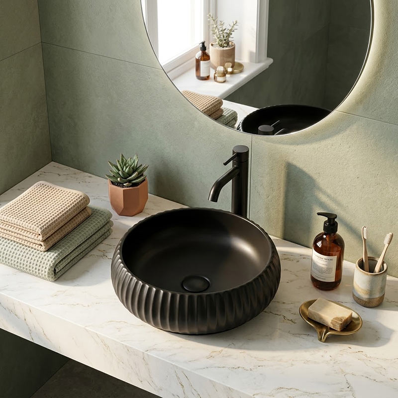 Lukka Round Fluted Above Counter Basin Ceramic 400x400x140mm - In Various Colour
