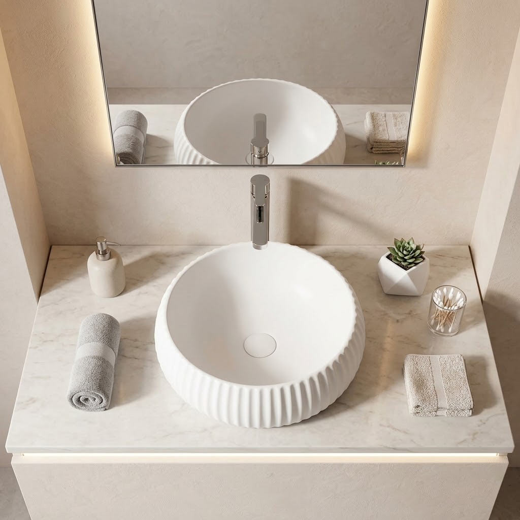 Lukka Round Fluted Above Counter Basin Ceramic 400x400x140mm - In Various Colour