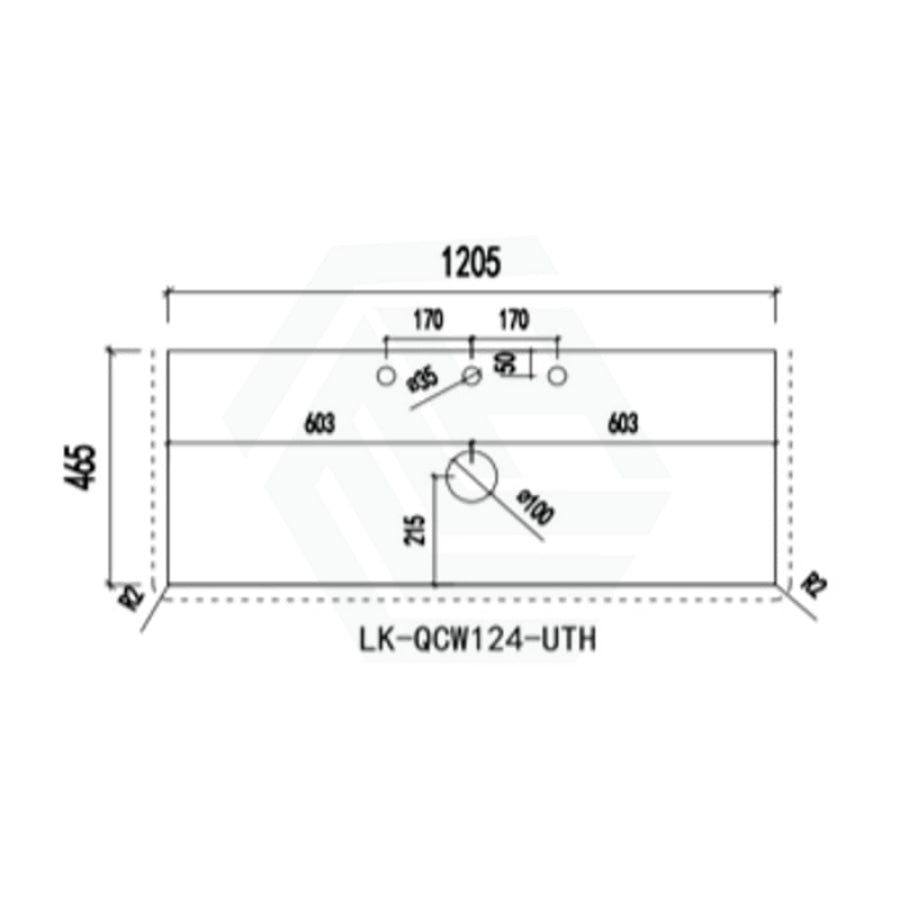 20mm Thick Lukka Calacatta White Zero Silica Engineered Stone Vanity Top with Center Waste Hole, 605-1505mm, Semi-Drilled Tap Hole at 12/10/2 O'clock Positions