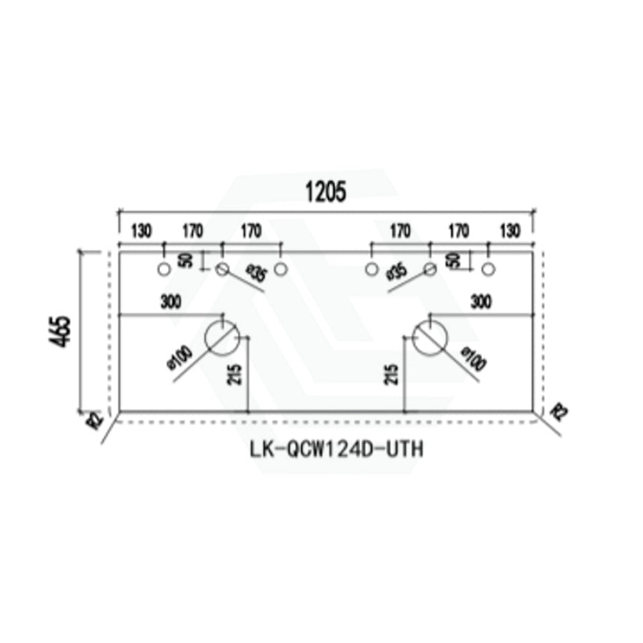 20mm Thick Lukka Calacatta White Zero Silica Engineered Stone Vanity Top with Center Waste Hole, 605-1505mm, Semi-Drilled Tap Hole at 12/10/2 O'clock Positions
