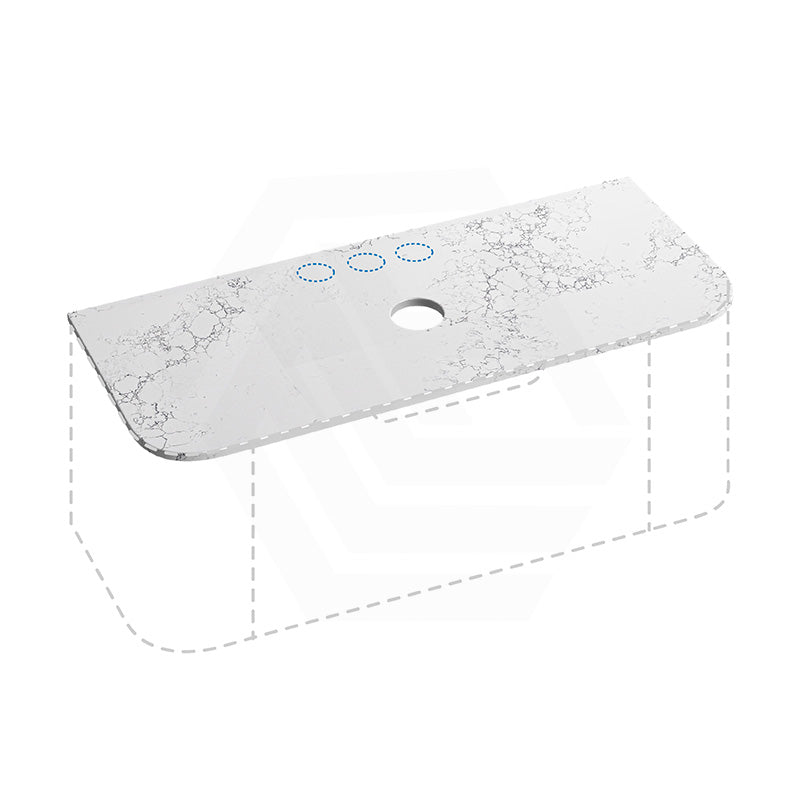 Lukka 20mm Thick Calacatta White Curved Edge Zero Silica Engineer Stone Top with Center Waste Hole,  12 /10/2 O'clock Semi Drilled Tap Hole Available 605-1805mm