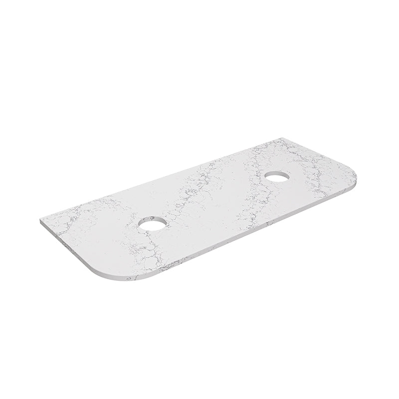 Lukka 20mm Thick Calacatta White Curved Edge Zero Silica Engineer Stone Top with Center Waste Hole,  12 /10/2 O'clock Semi Drilled Tap Hole Available 605-1805mm