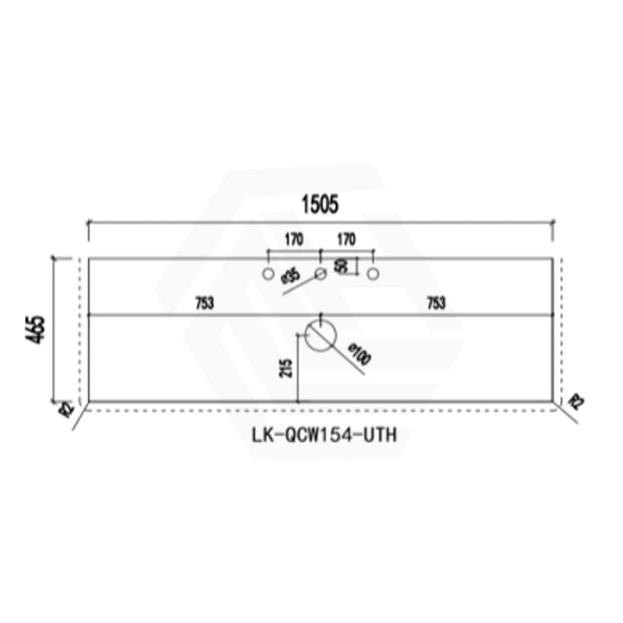 20mm Thick Lukka Calacatta White Zero Silica Engineered Stone Vanity Top with Center Waste Hole, 605-1505mm, Semi-Drilled Tap Hole at 12/10/2 O'clock Positions