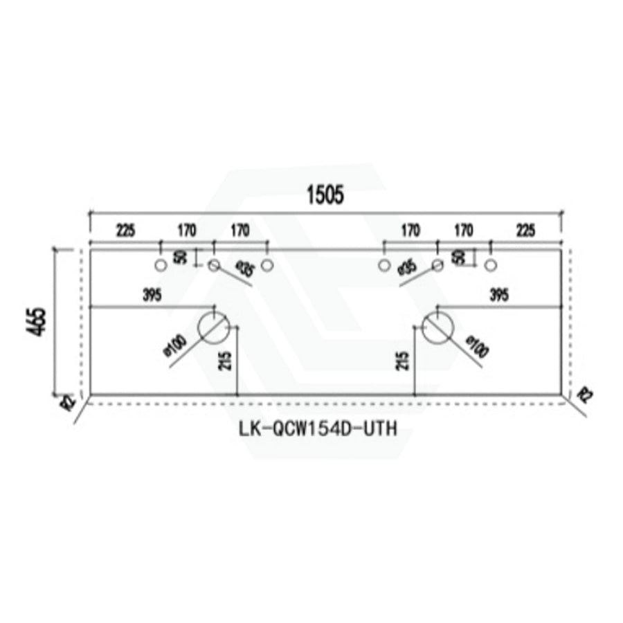 20mm Thick Lukka Calacatta White Zero Silica Engineered Stone Vanity Top with Center Waste Hole, 605-1505mm, Semi-Drilled Tap Hole at 12/10/2 O'clock Positions