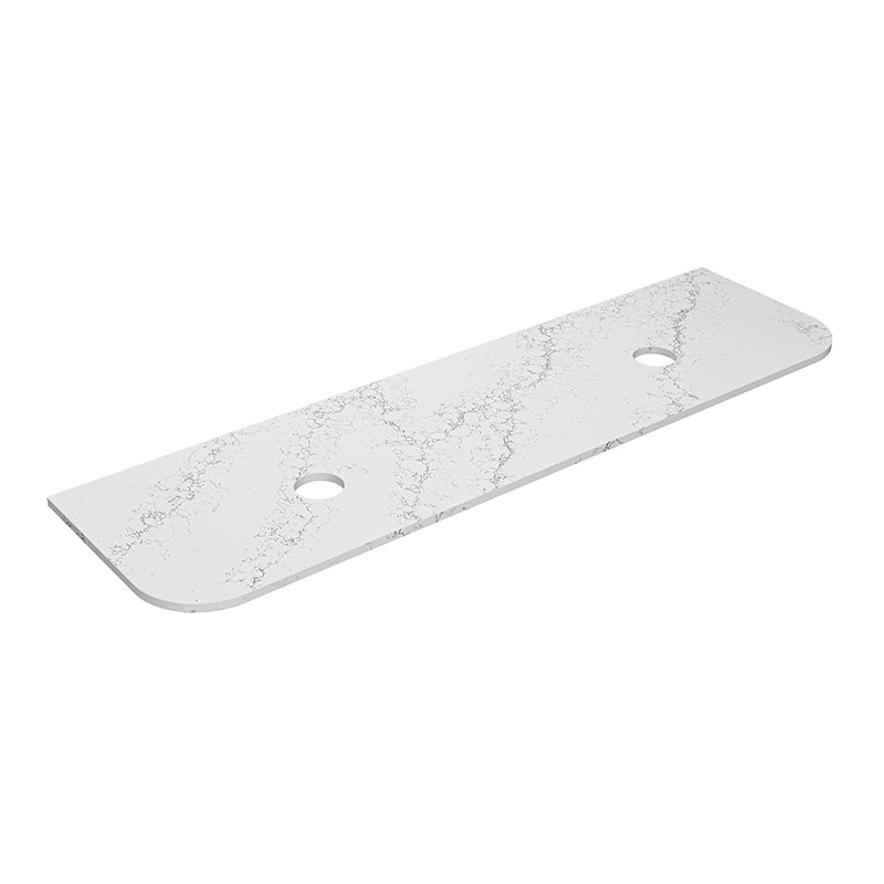 Lukka 20mm Thick Calacatta White Curved Edge Zero Silica Engineer Stone Top with Center Waste Hole,  12 /10/2 O'clock Semi Drilled Tap Hole Available 605-1805mm