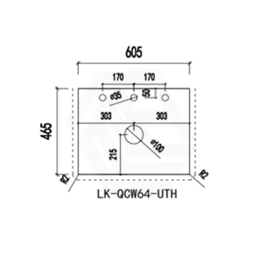20mm Thick Lukka Calacatta White Zero Silica Engineered Stone Vanity Top with Center Waste Hole, 605-1505mm, Semi-Drilled Tap Hole at 12/10/2 O'clock Positions