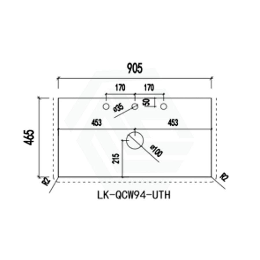 20mm Thick Lukka Calacatta White Zero Silica Engineered Stone Vanity Top with Center Waste Hole, 605-1505mm, Semi-Drilled Tap Hole at 12/10/2 O'clock Positions