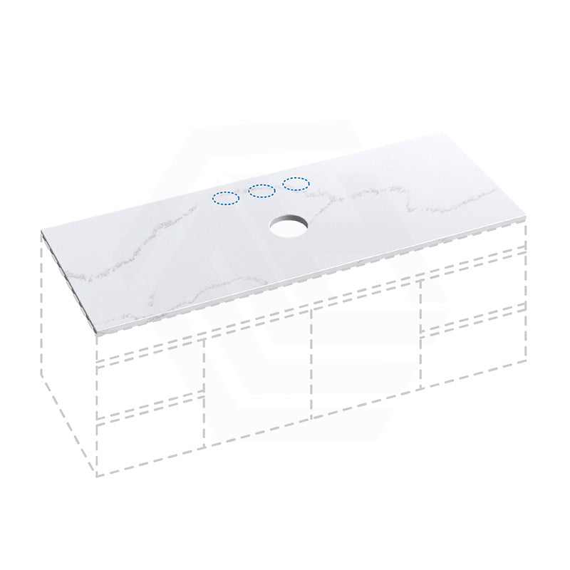 12mm Thick Lukka Calacatta White Solid Surface Stone Top with Center Waste Hole, 12/10/2 O'clock Semi Drilled Tap Hole Available At the Back 605-1505mm