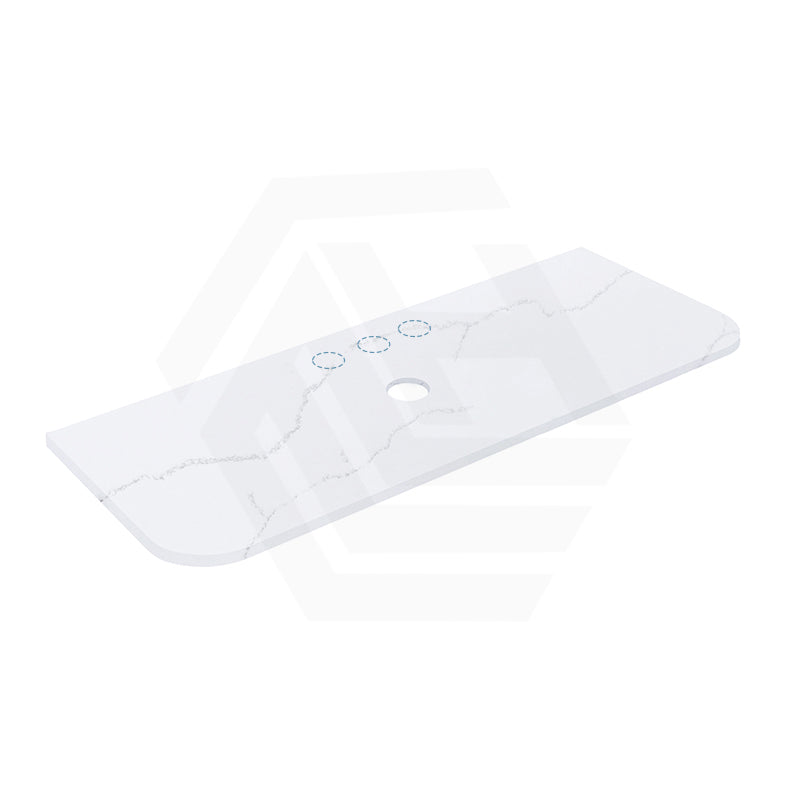 12mm Thick Lukka Calacatta White Solid Surface Stone Vanity Top with Curved Edge, Center Waste Hole, 605-1805mm, Semi-Drilled Tap Hole at 12/10/2 O'clock Positions at Back
