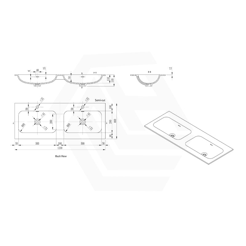 600-1500mm Lukka Chasey Solid Surface Stone Basin with Overflow 12 O'clock Semi-Drilled Tap Hole