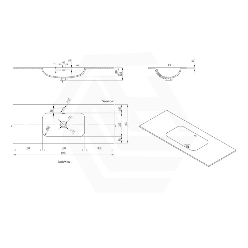 600-1500mm Lukka Chasey Solid Surface Stone Basin with Overflow 12 O'clock Semi-Drilled Tap Hole