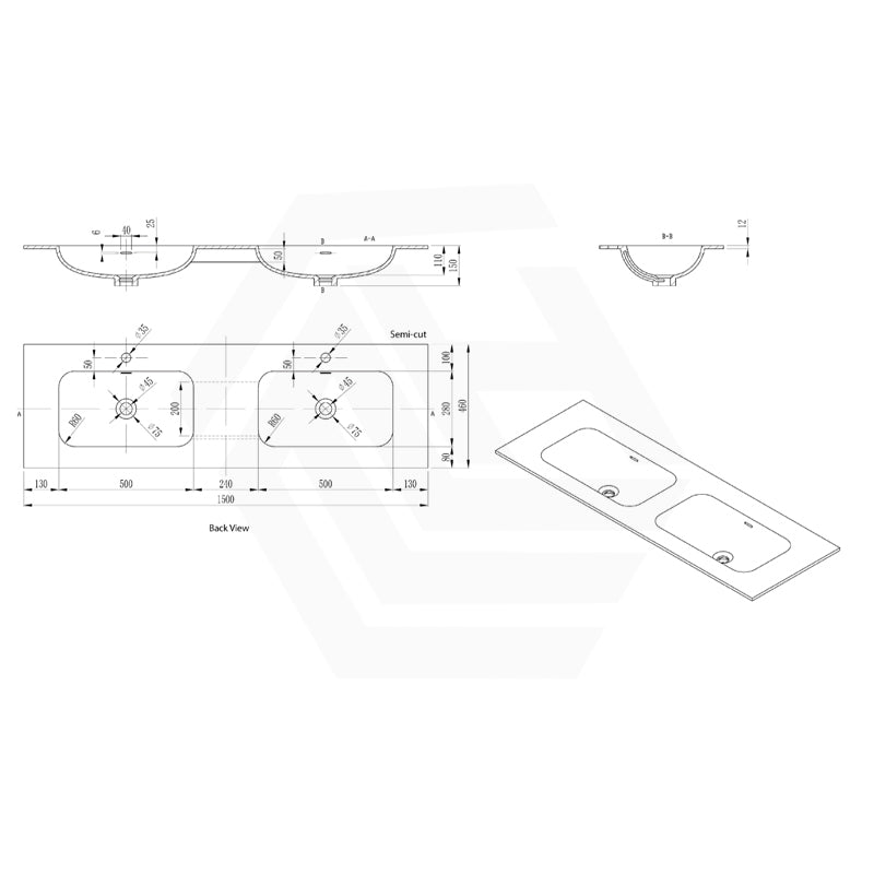 600-1500mm Lukka Chasey Solid Surface Stone Basin with Overflow 12 O'clock Semi-Drilled Tap Hole