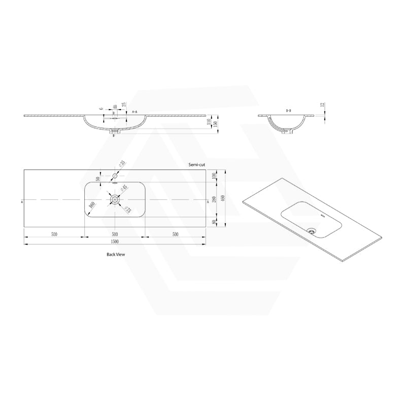 600-1500mm Lukka Chasey Solid Surface Stone Basin with Overflow 12 O'clock Semi-Drilled Tap Hole