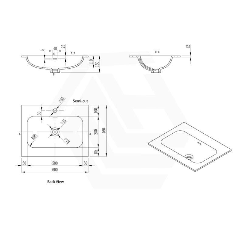 600-1500mm Lukka Chasey Solid Surface Stone Basin with Overflow 12 O'clock Semi-Drilled Tap Hole