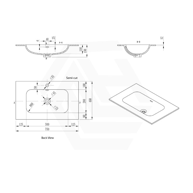 600-1500mm Lukka Chasey Solid Surface Stone Basin with Overflow 12 O'clock Semi-Drilled Tap Hole