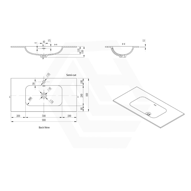 600-1500mm Lukka Chasey Solid Surface Stone Basin with Overflow 12 O'clock Semi-Drilled Tap Hole