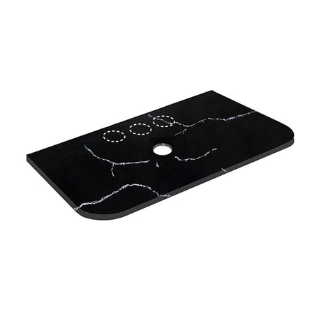 12mm Thick Lukka Calacatta Night Solid Surface Stone Vanity Top with Curved Edge, Center Waste Hole, 605-1805mm, Semi-Drilled Tap Hole at 12/10/2 O'clock Positions