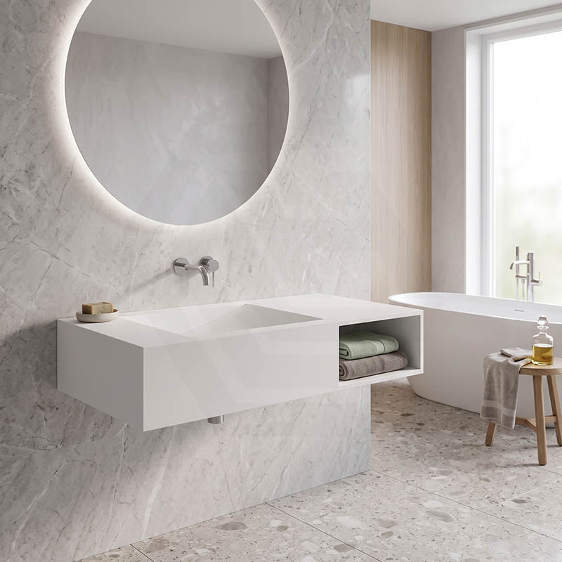 Lukka Crete Rectangle Solid Surface Stone Wall Hung Basin 1000x460x200mm - Matt White