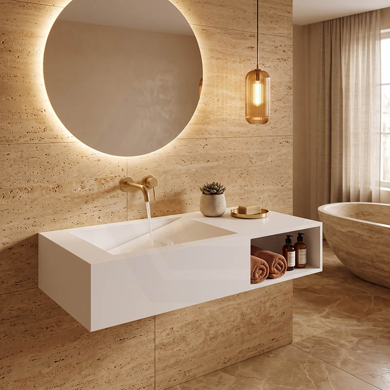 Lukka Crete Rectangle Solid Surface Stone Wall Hung Basin 1000x460x200mm - Matt White