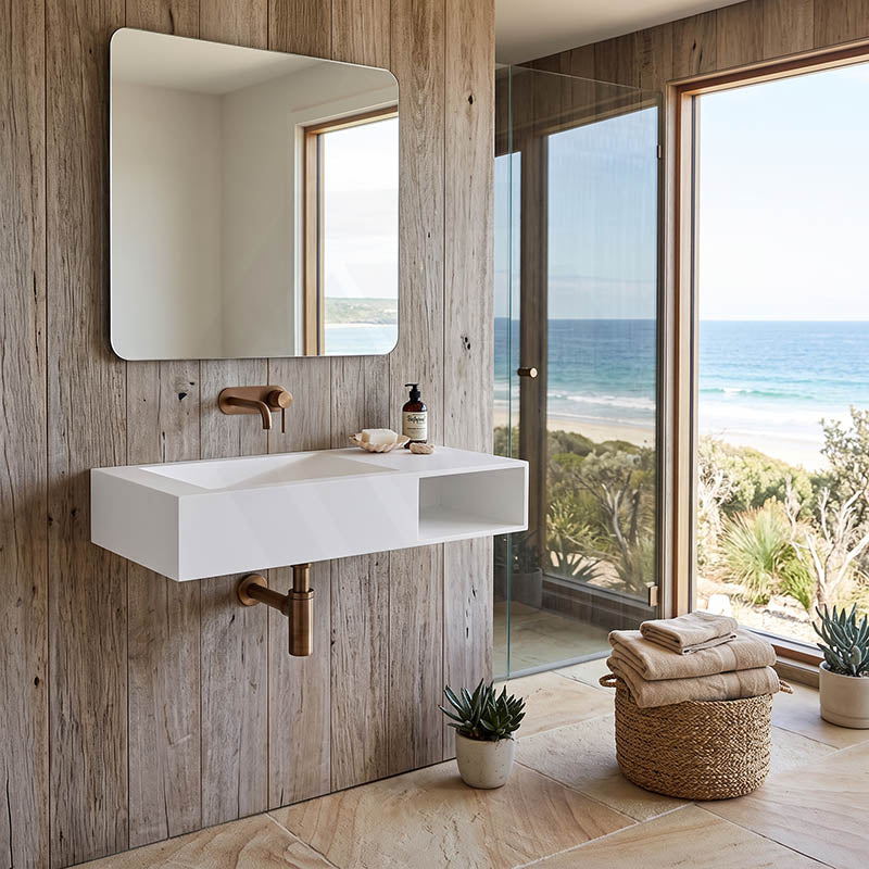 Lukka Crete Rectangle Solid Surface Stone Wall Hung Basin 1000x460x200mm - Matt White