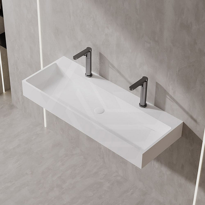 Lukka Crete Rectangle Solid Surface Stone Wall Hung / Above Counter Basin 1100x420x130mm - Matt White