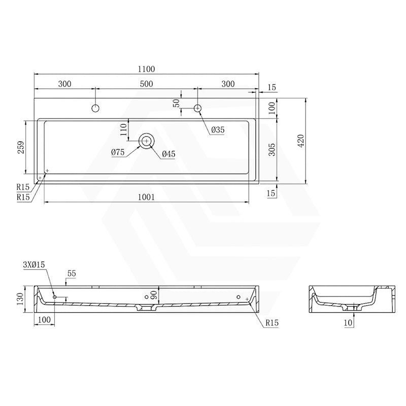 Lukka Crete 1100x420x130mm Rectangle Matt White Solid Surface Stone Wall Hung Basin