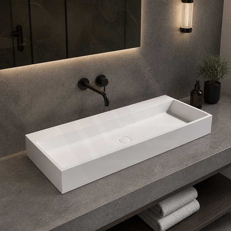 Lukka Crete Rectangle Solid Surface Stone Wall Hung / Above Counter Basin 1100x420x130mm - Matt White