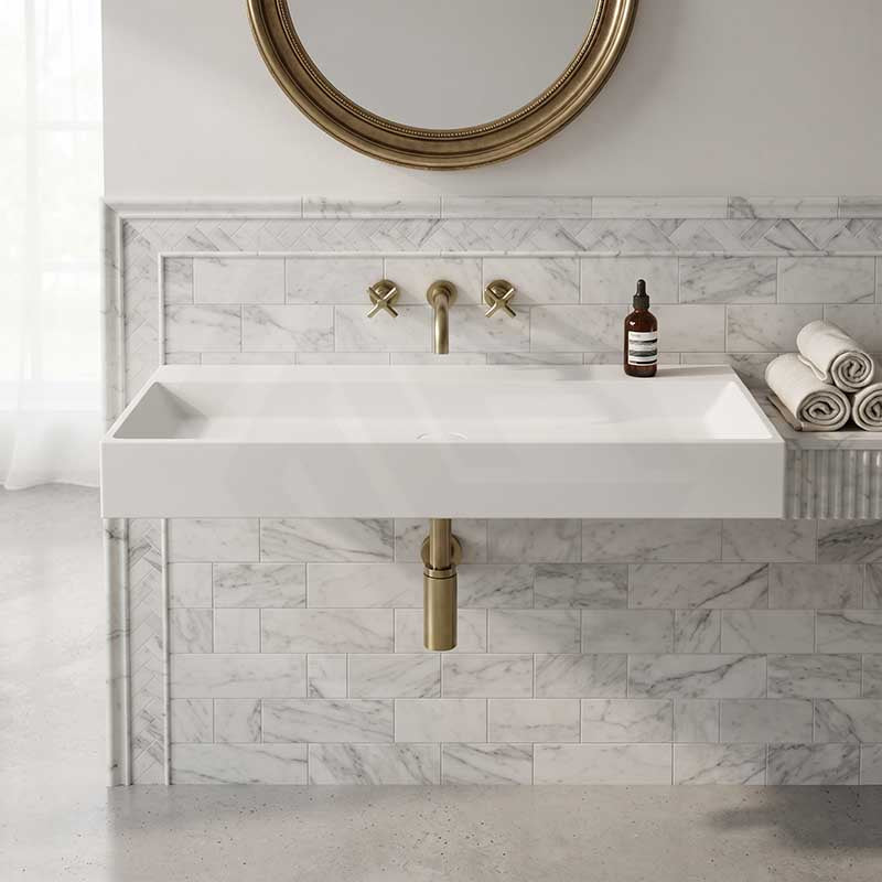 Lukka Crete Rectangle Solid Surface Stone Wall Hung / Above Counter Basin 1100x420x130mm - Matt White