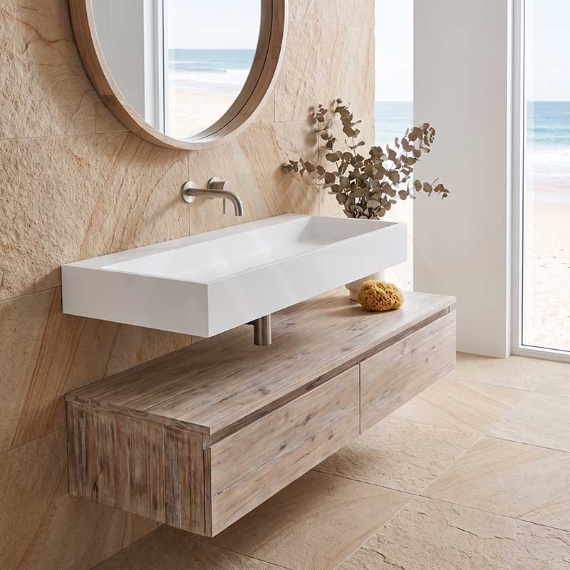 Lukka Crete Rectangle Solid Surface Stone Wall Hung / Above Counter Basin 1100x420x130mm - Matt White