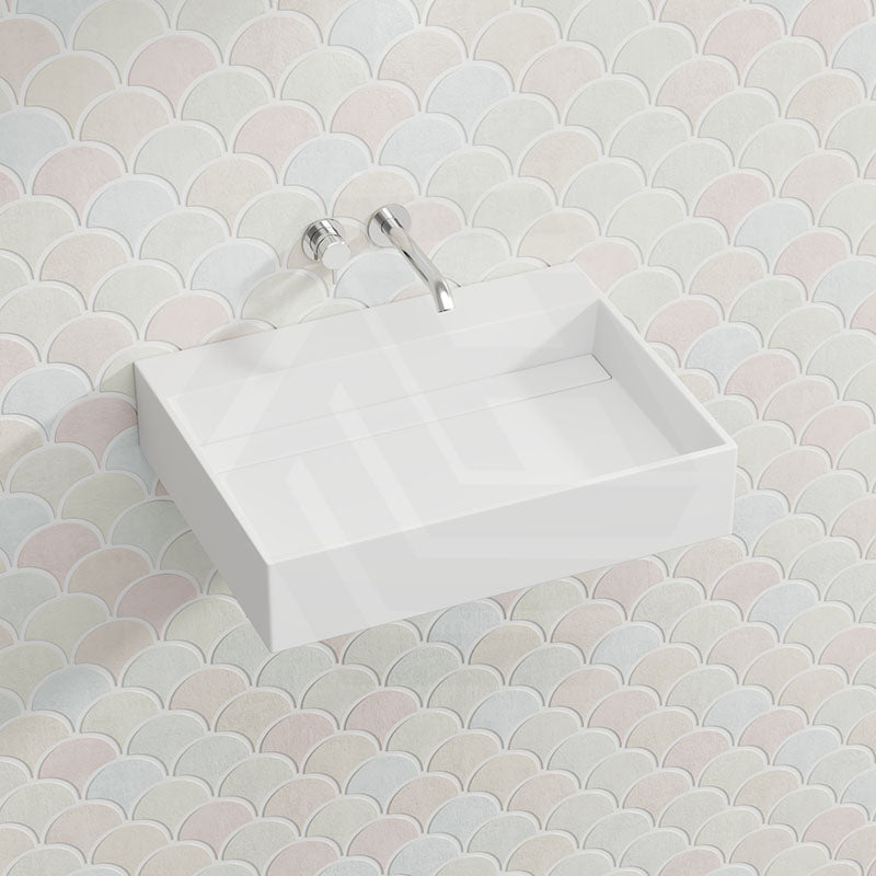 Lukka Crete Rectangle Solid Surface Stone Wall Hung/ Above Counter Basin 600x460x130mm - Matt White