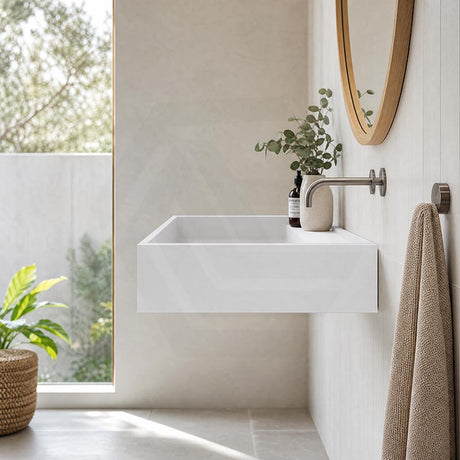 Lukka Crete Rectangle Solid Surface Stone Wall Hung Basin 600x460x130mm - Matt White