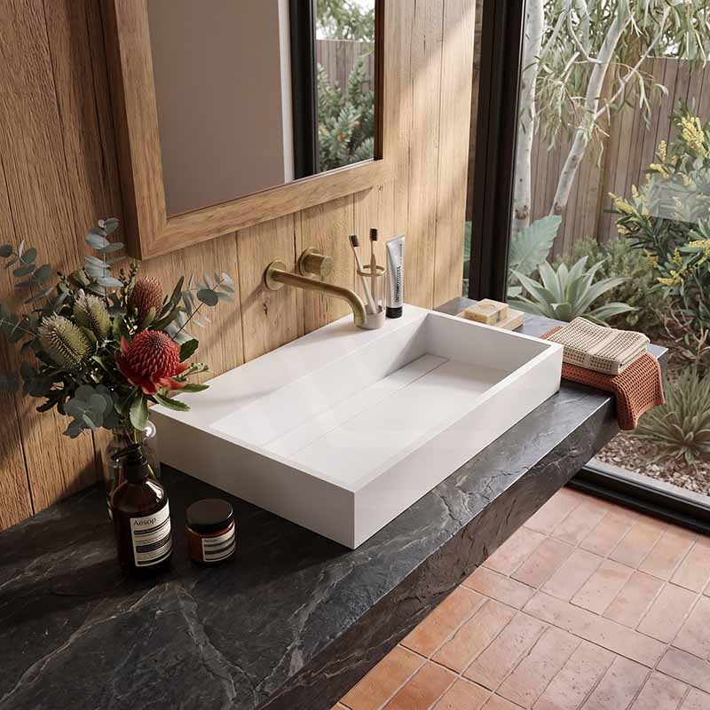 Lukka Crete Rectangle Solid Surface Stone Wall Hung/ Above Counter Basin 600x460x130mm - Matt White