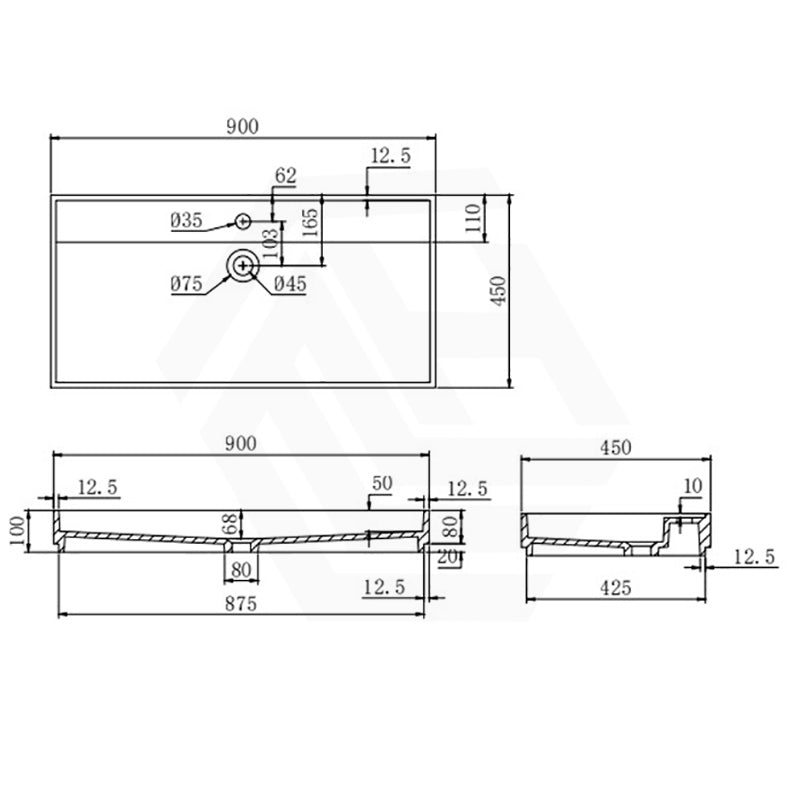 600/900mm Lukka Crete Rectangle Matt White Solid Surface Stone Wall Hung Basin