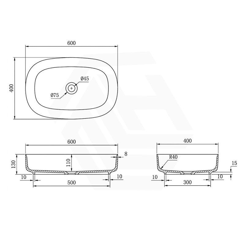 Lukka Ellips 600x400x130mm Matt White Oval Solid Surface Above Counter Basin