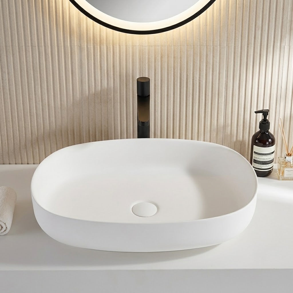 Lukka Ellips Oval Solid Surface Above Counter Basin 600x400x130mm - Matt White