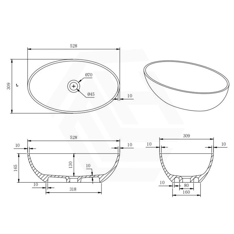 500/528/580mm Lukka Kirra Matt White Solid Surface Stone Above Counter Basin