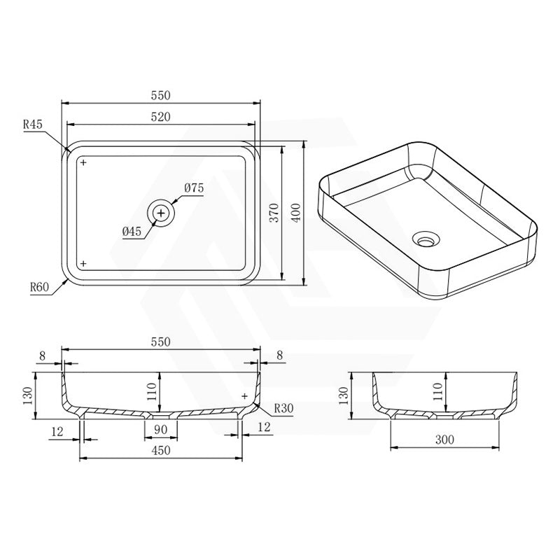 Lukka Kliff 550x400x130mm Matt White Rectangle Solid Surface Above Counter Basin