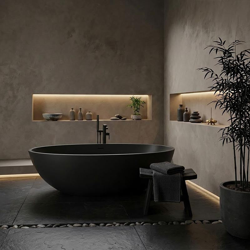Lukka Kirra Cone Freestanding Bathtub Solid Surface Stone with Overflow 1760x1030x550mm - Matt White/Black