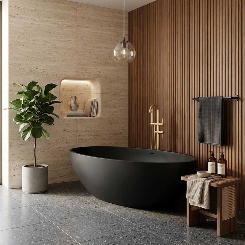 Lukka Kirra Cone Freestanding Bathtub Solid Surface Stone with Overflow 1760x1030x550mm - Matt White/Black