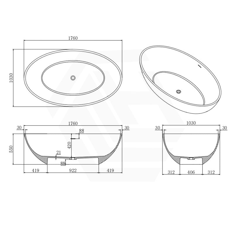 Lukka Kirra Cone Freestanding Bathtub Solid Surface Stone with Overflow 1760x1030x550mm - Matt White/Black