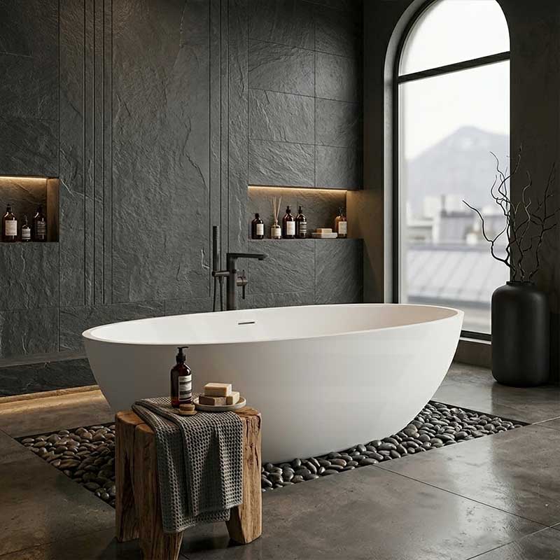 Lukka Kirra Cone Freestanding Bathtub Solid Surface Stone with Overflow 1760x1030x550mm - Matt White/Black